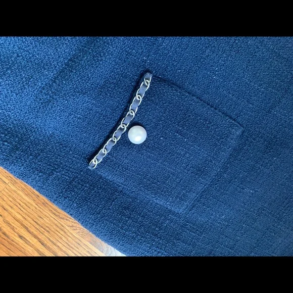 Karl Lagerfeld Paris navy Tweed Mini shift Dress Pearl Chain Sz 6 - Picture 5 of 11